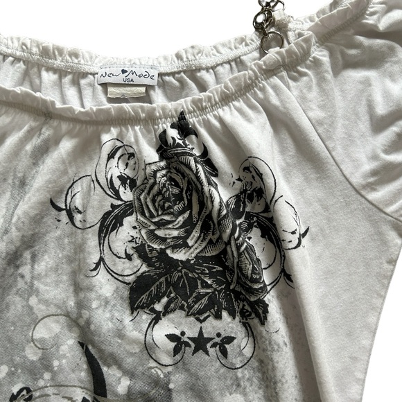 Y2K White and Grey Graphic Rhinestone Off the Shoulder Tunic/Top - Picture 4 of 7